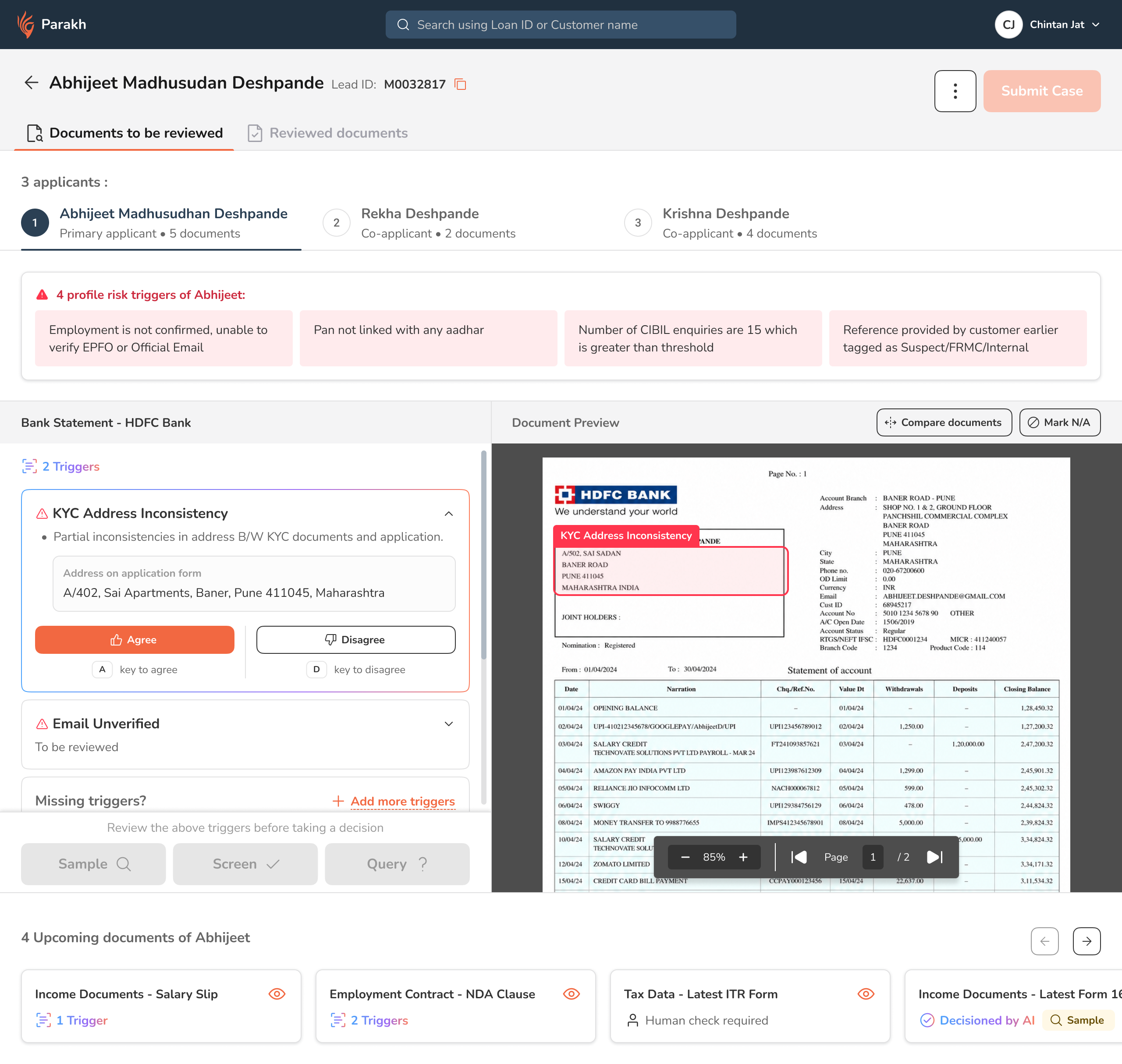 Profile risk triggers above the documents