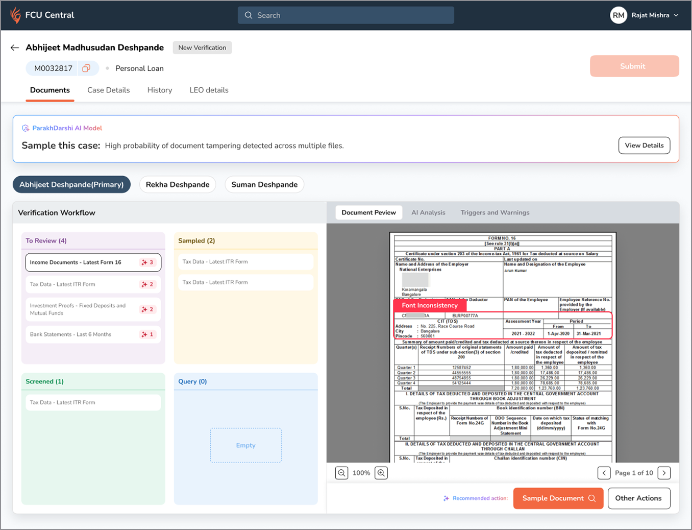 First iteration — verification workflow columns with a document preview panel