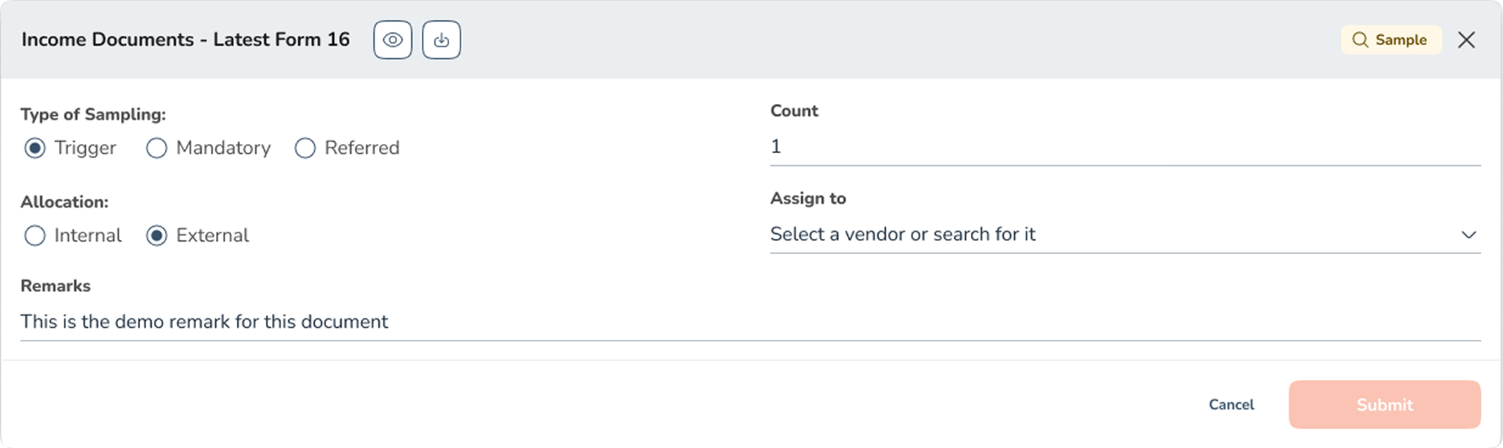 The sampling form that opened inside a document row